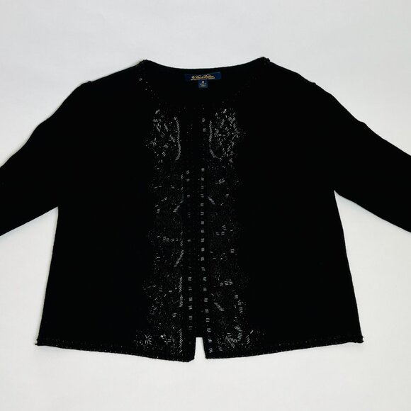 BROOKS BROTHERS Open Front Sweater Fine Merino Italian Wool Hand Beaded Black M - Picture 1 of 7